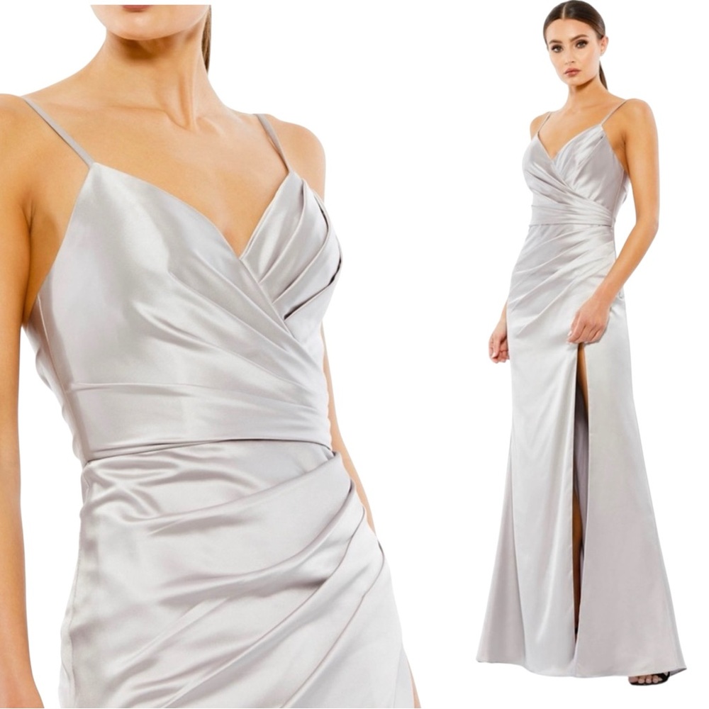Ieena by Mac Duggal Satin Sleeveless Faux Wrap Ruched Gown Size 0